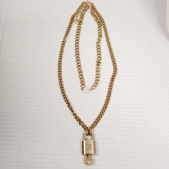 Auth Louis Vuitton Lock&Key Gold w/Unbranded Cuban Style Stainless Double Chain - Picture 10 of 14